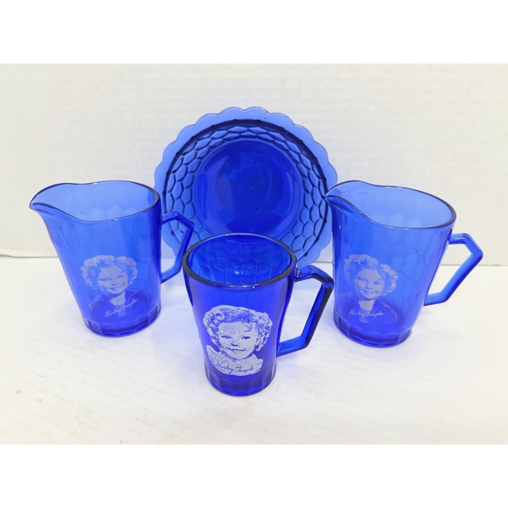 Vintage Hazel Atlas Shirley Temple Cobalt Blue Glass 4 Pc Serving Set Lot
